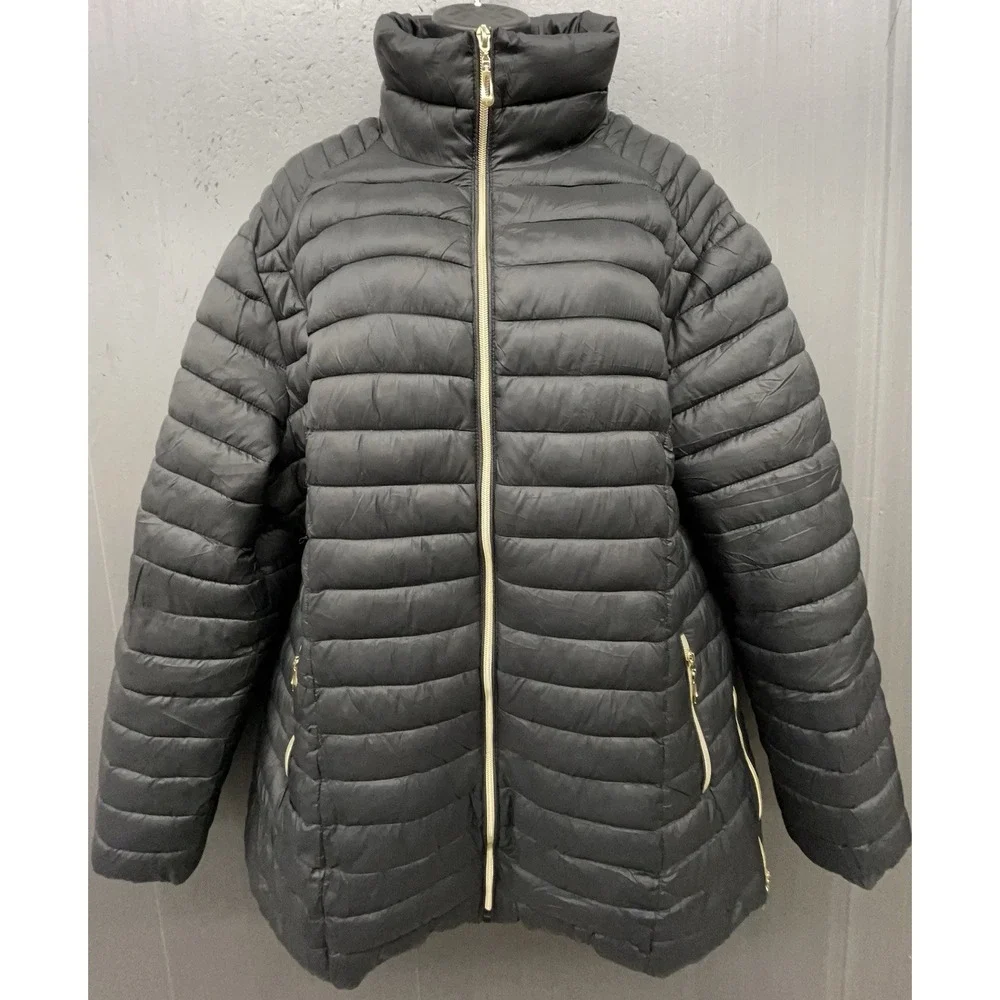Women Puffer Jacket 2XL Black Gold Silver Zip Pockets Outdoor Winter Travel Coat